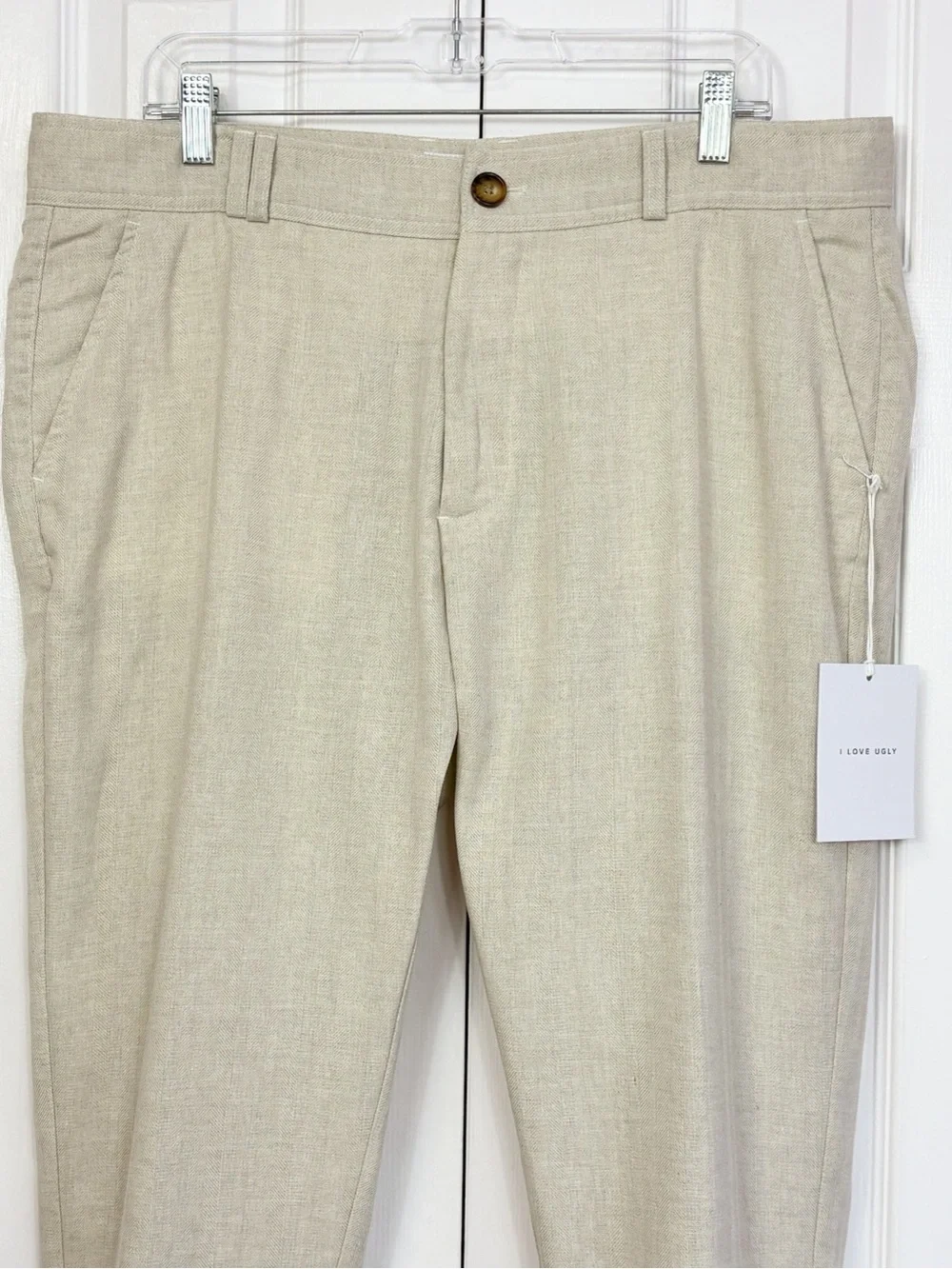 NWT I Love Ugly Men's Bone Herringbone Linen Slim Fit Crop Kobe Pants